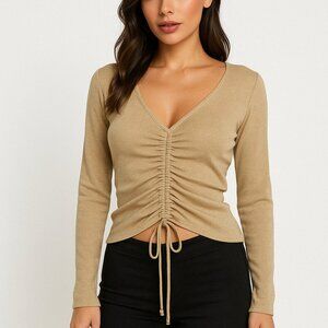 Ultra Flirt Metallic Gold Ruched Long Sleeve Top - XL